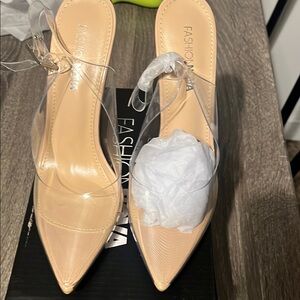 Fashion Nova Tan Heels with Clear Strap